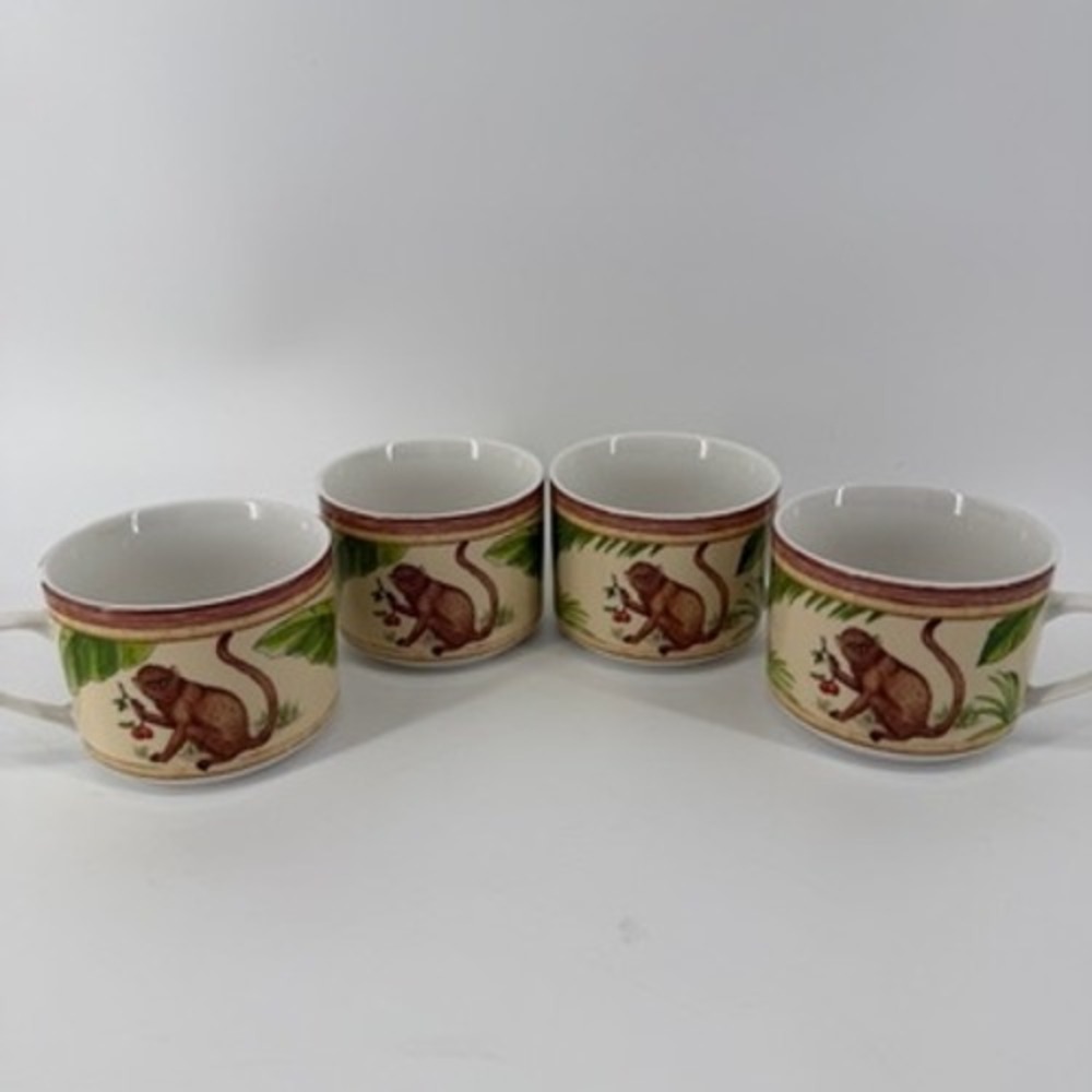 American Atelier Monkey 5029 Porcelain Mugs Set of 4 Tropical Jungle Coffee Cups